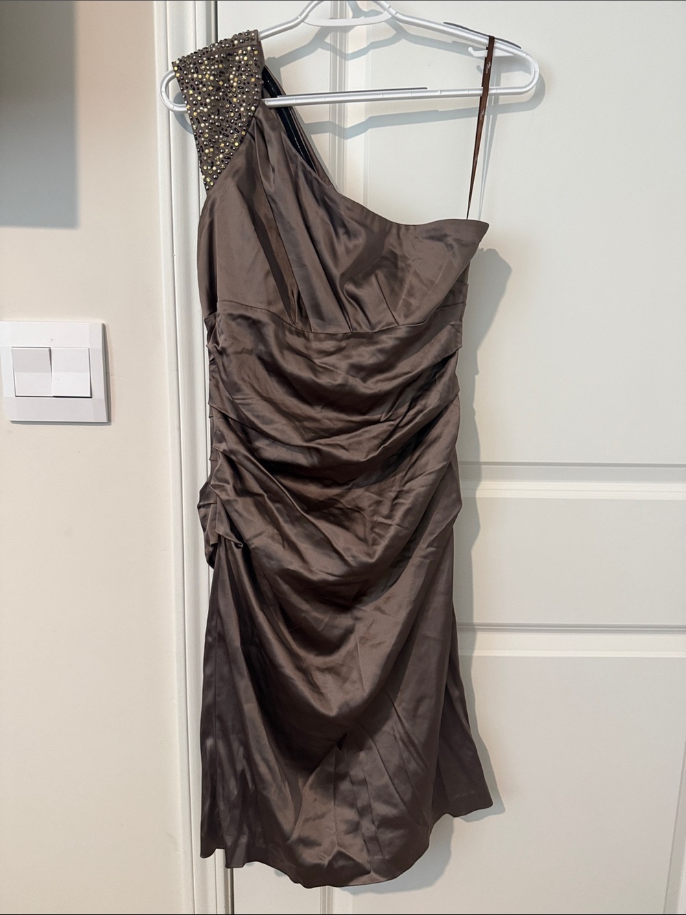 Suzi Chin One-Shoulder Beaded Cocktail Dress in Brown